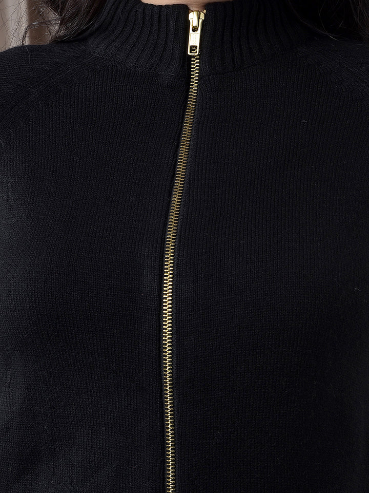 MISS FOREVER SOLID BLACK ZIP-UP SWEATER