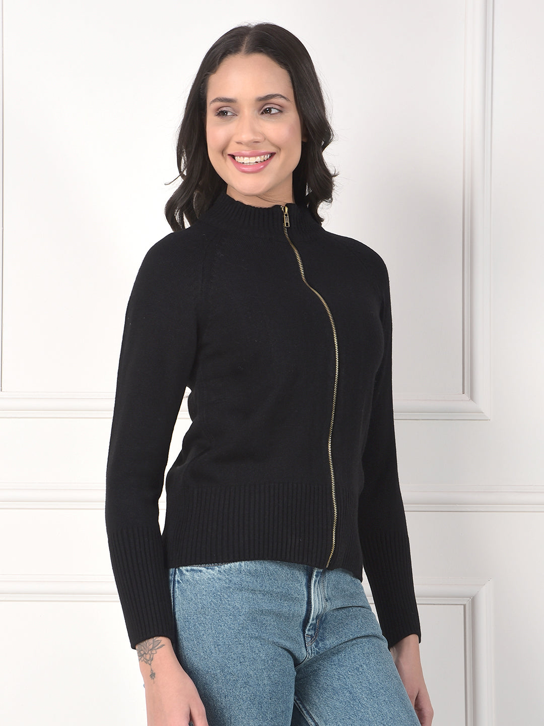 miss forever solid black zip-up sweater