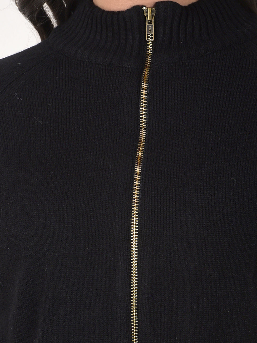 MISS FOREVER SOLID BLACK ZIP-UP SWEATER