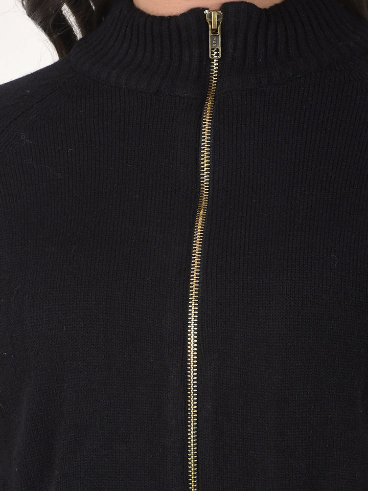 MISS FOREVER SOLID BLACK ZIP-UP SWEATER
