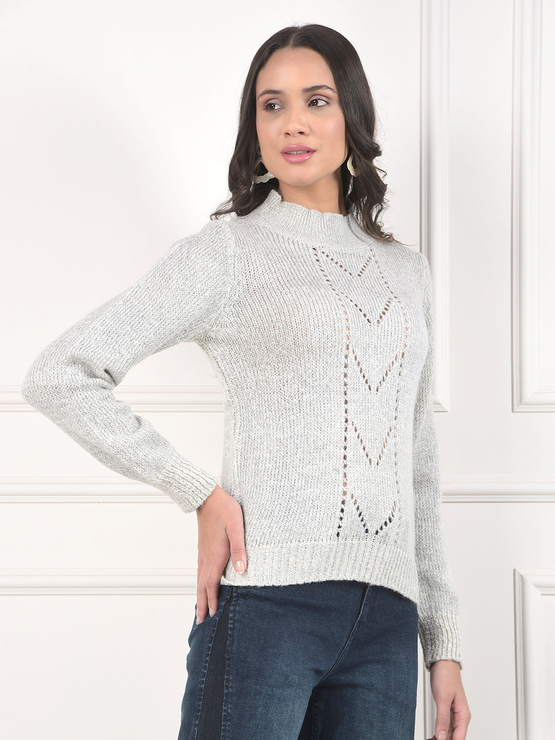 miss forever grey self-design sweater