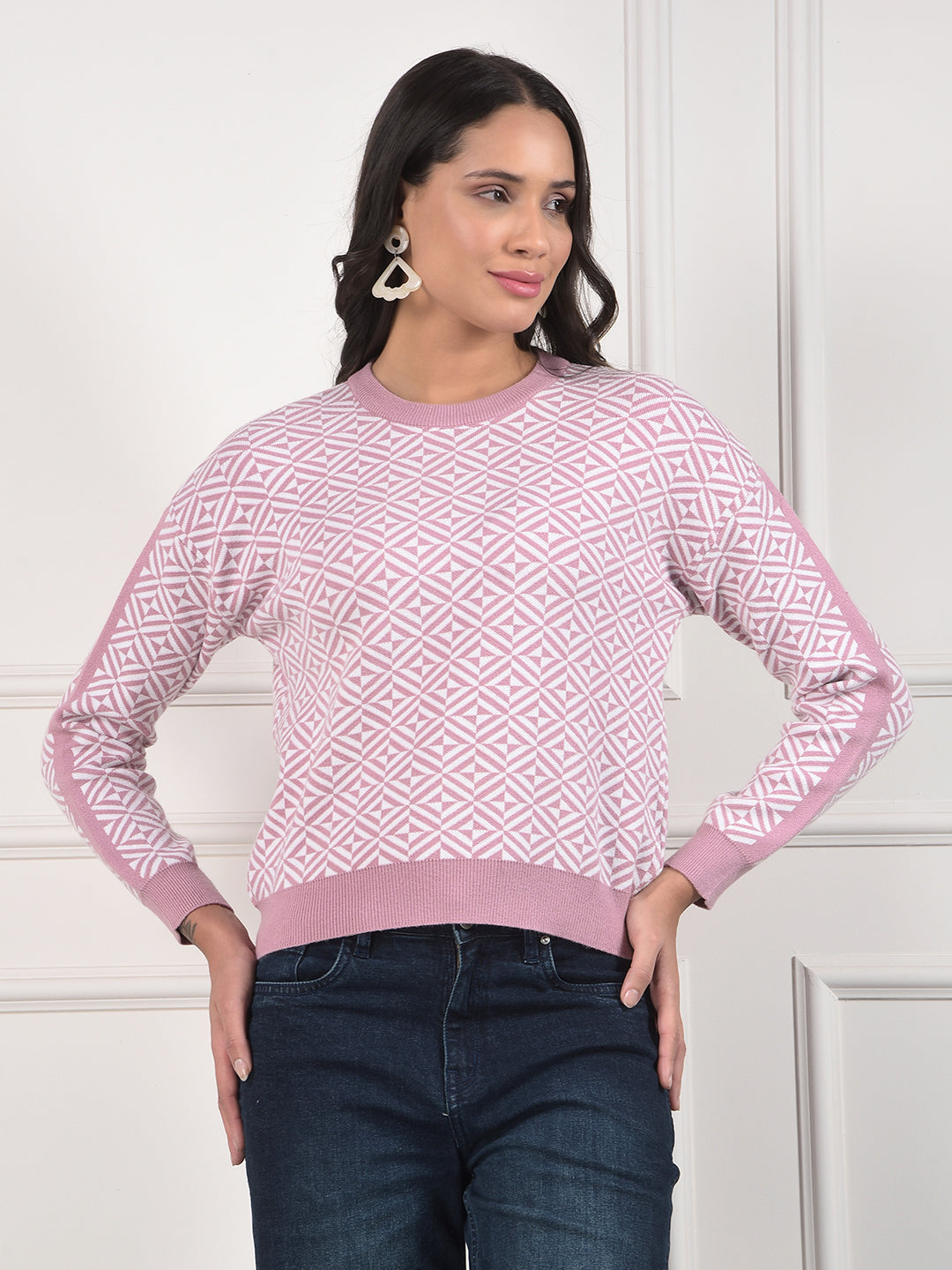 miss forever pink self-design sweater