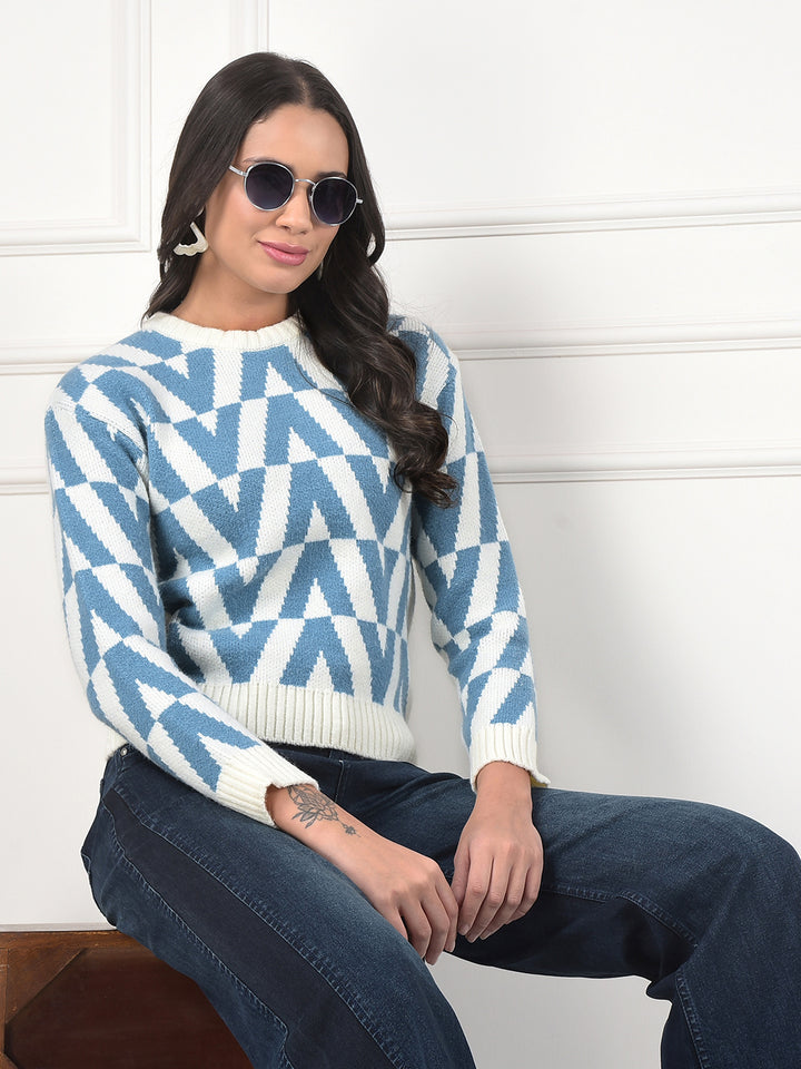 MISS FOREVER SEA GREEN SELF-DESIGN SWEATER