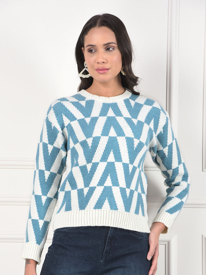 MISS FOREVER SEA GREEN SELF-DESIGN SWEATER