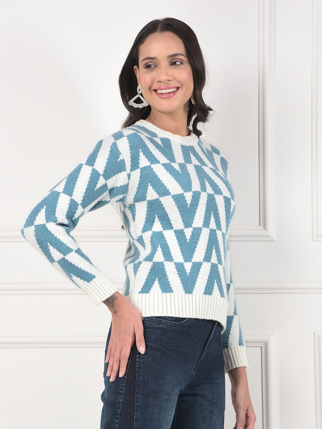 MISS FOREVER SEA GREEN SELF-DESIGN SWEATER