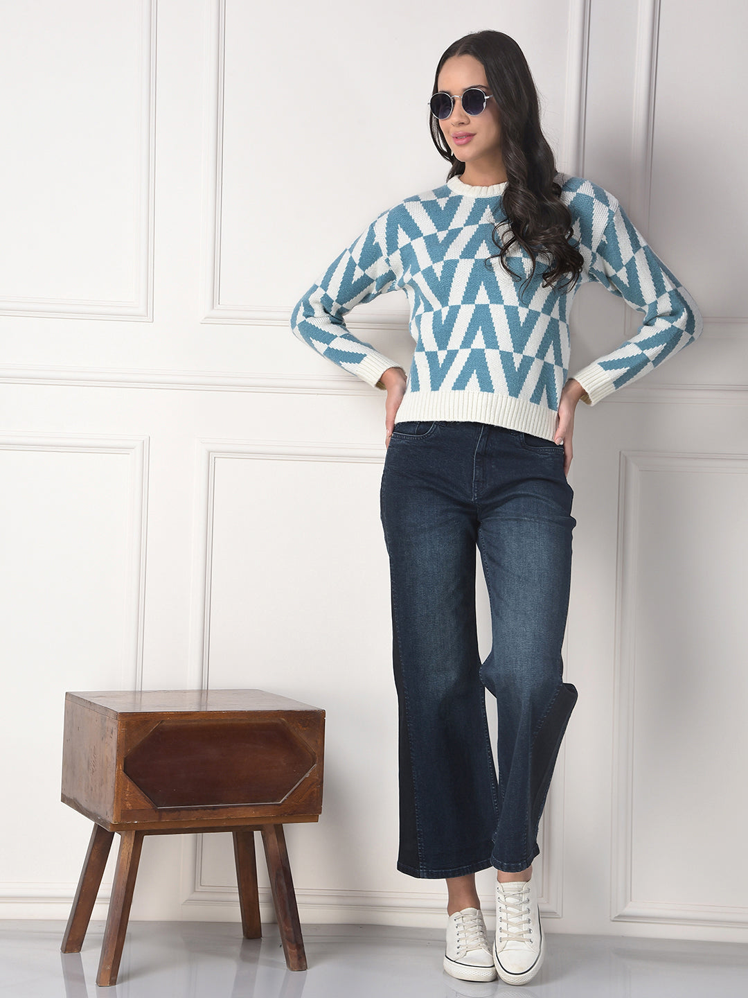 MISS FOREVER SEA GREEN SELF-DESIGN SWEATER