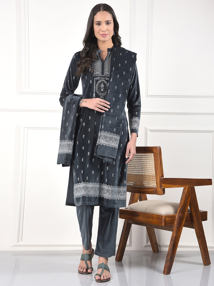 MISS FOREVER DARK GREY PRINTED WINTER KURTI PLAZO WITH STOLE