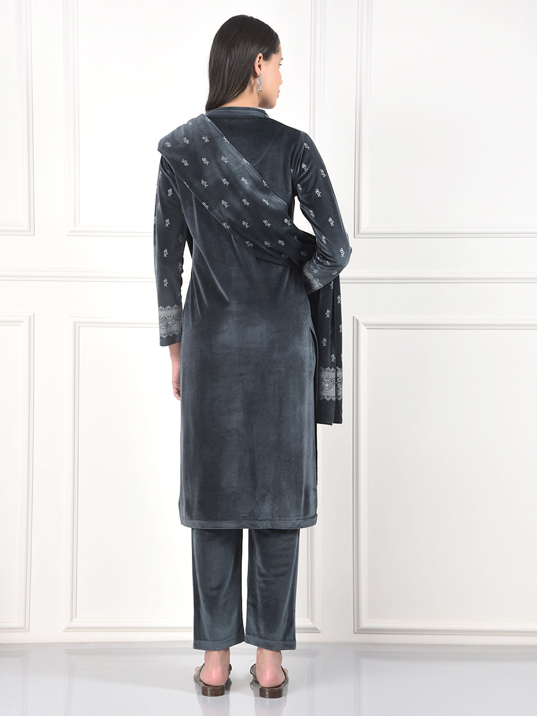 MISS FOREVER DARK GREY PRINTED WINTER KURTI PLAZO WITH STOLE