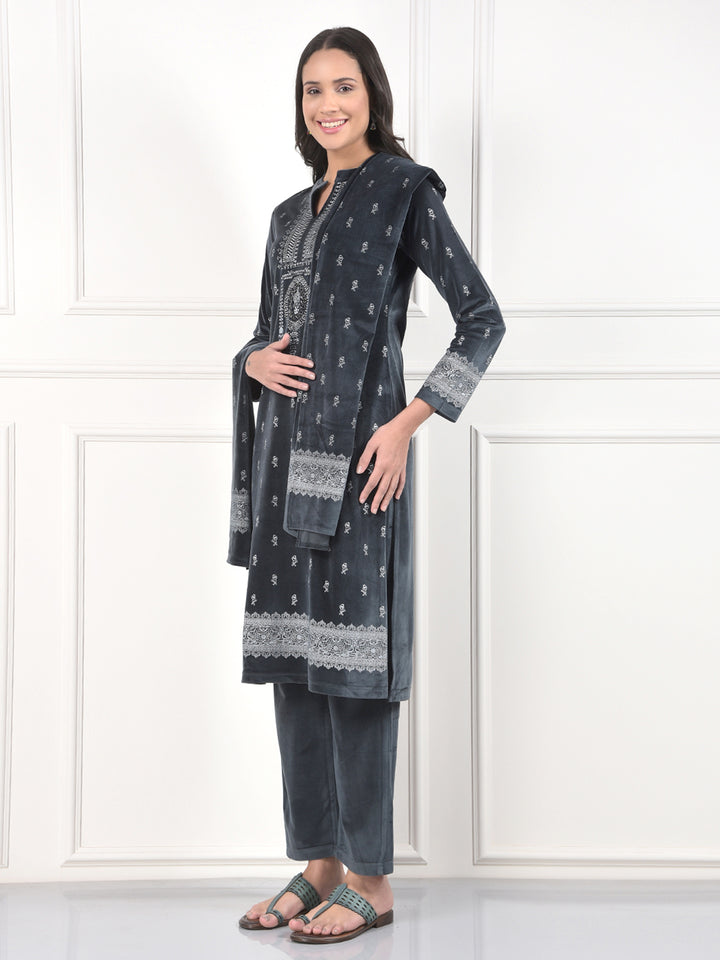 MISS FOREVER DARK GREY PRINTED WINTER KURTI PLAZO WITH STOLE