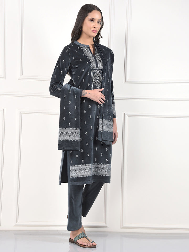 MISS FOREVER DARK GREY PRINTED WINTER KURTI PLAZO WITH STOLE