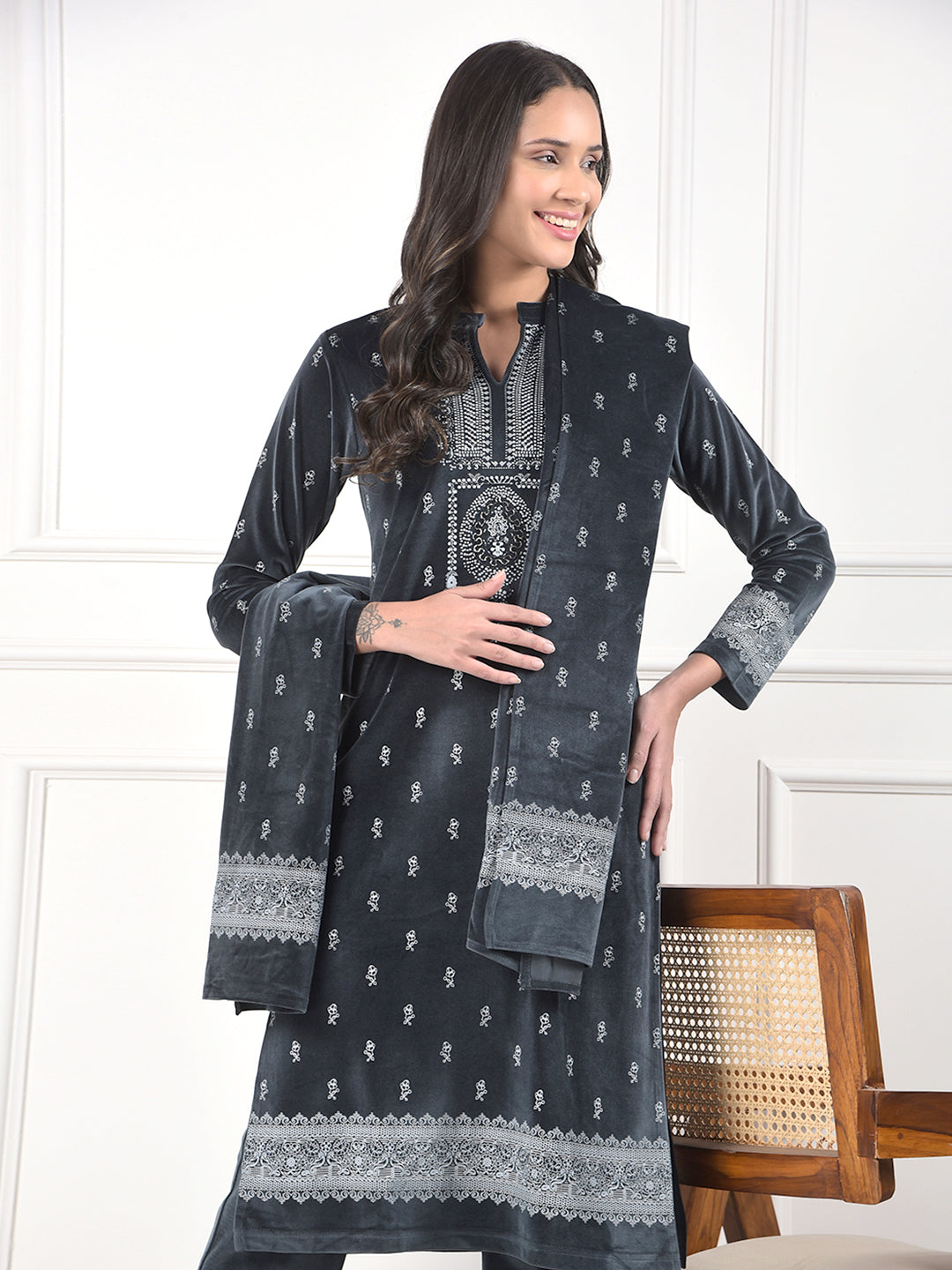 MISS FOREVER DARK GREY PRINTED WINTER KURTI PLAZO WITH STOLE