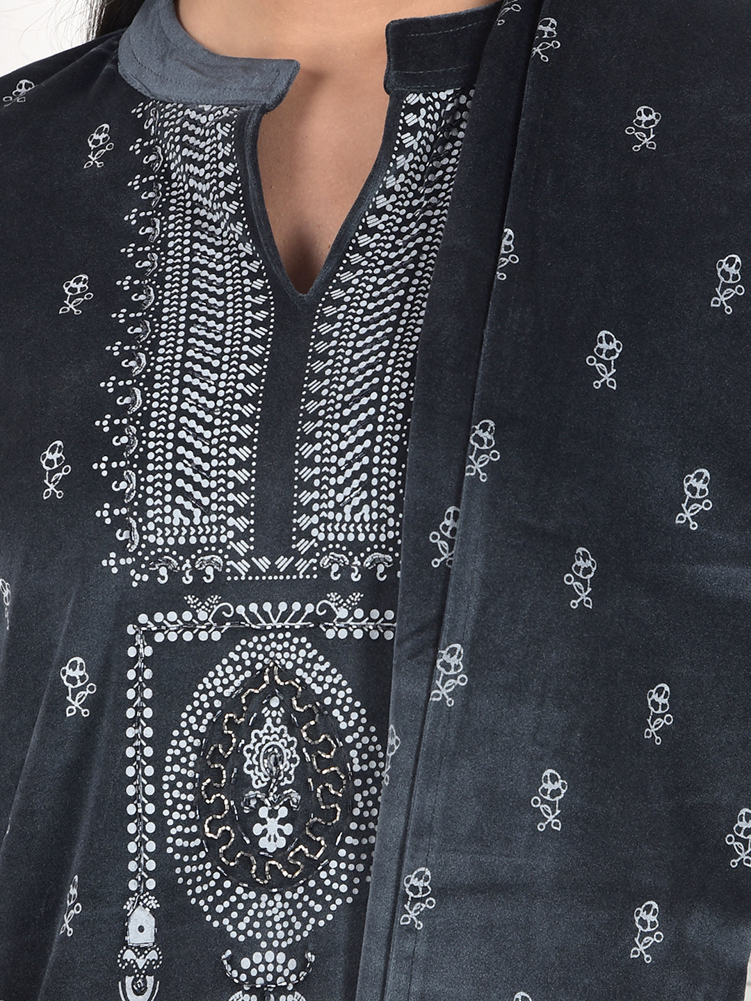 MISS FOREVER DARK GREY PRINTED WINTER KURTI PLAZO WITH STOLE