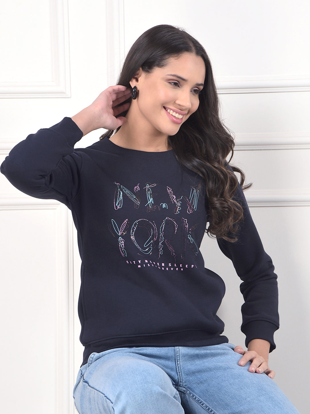 miss forever navy blue printed sweatshirt