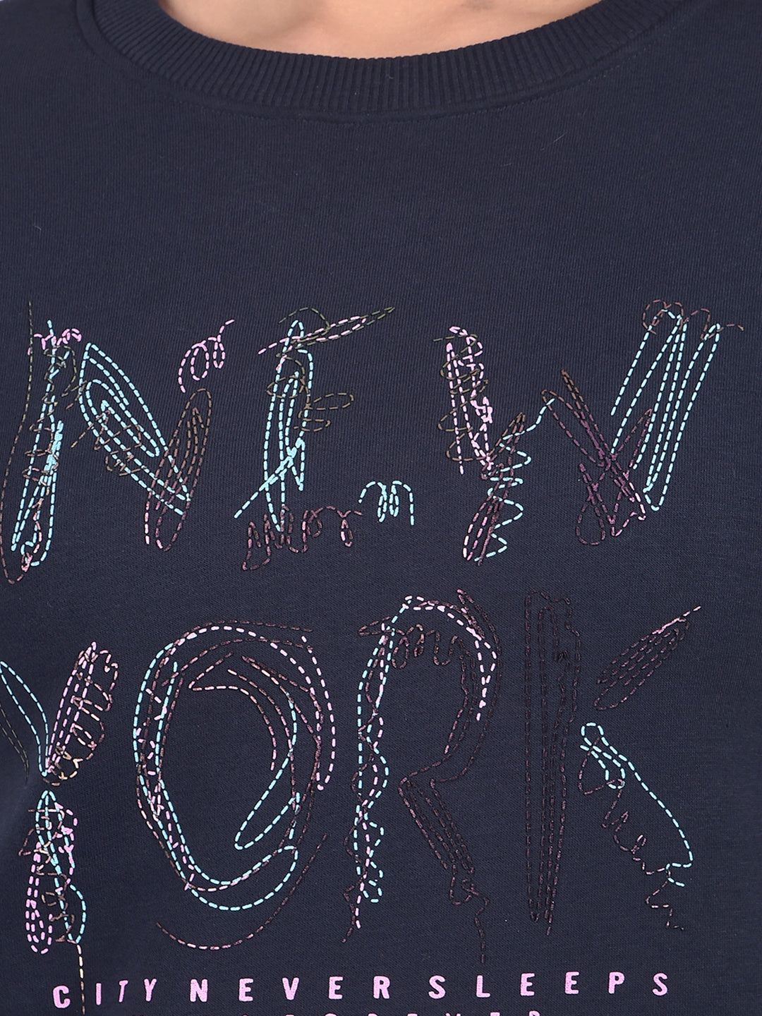 miss forever navy blue printed sweatshirt