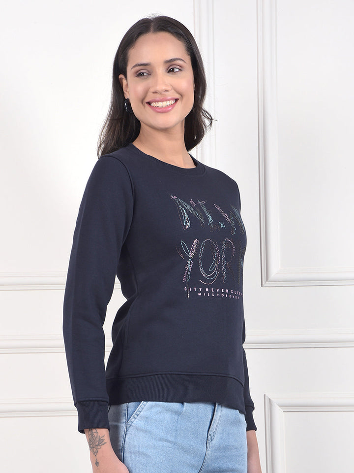 miss forever navy blue printed sweatshirt