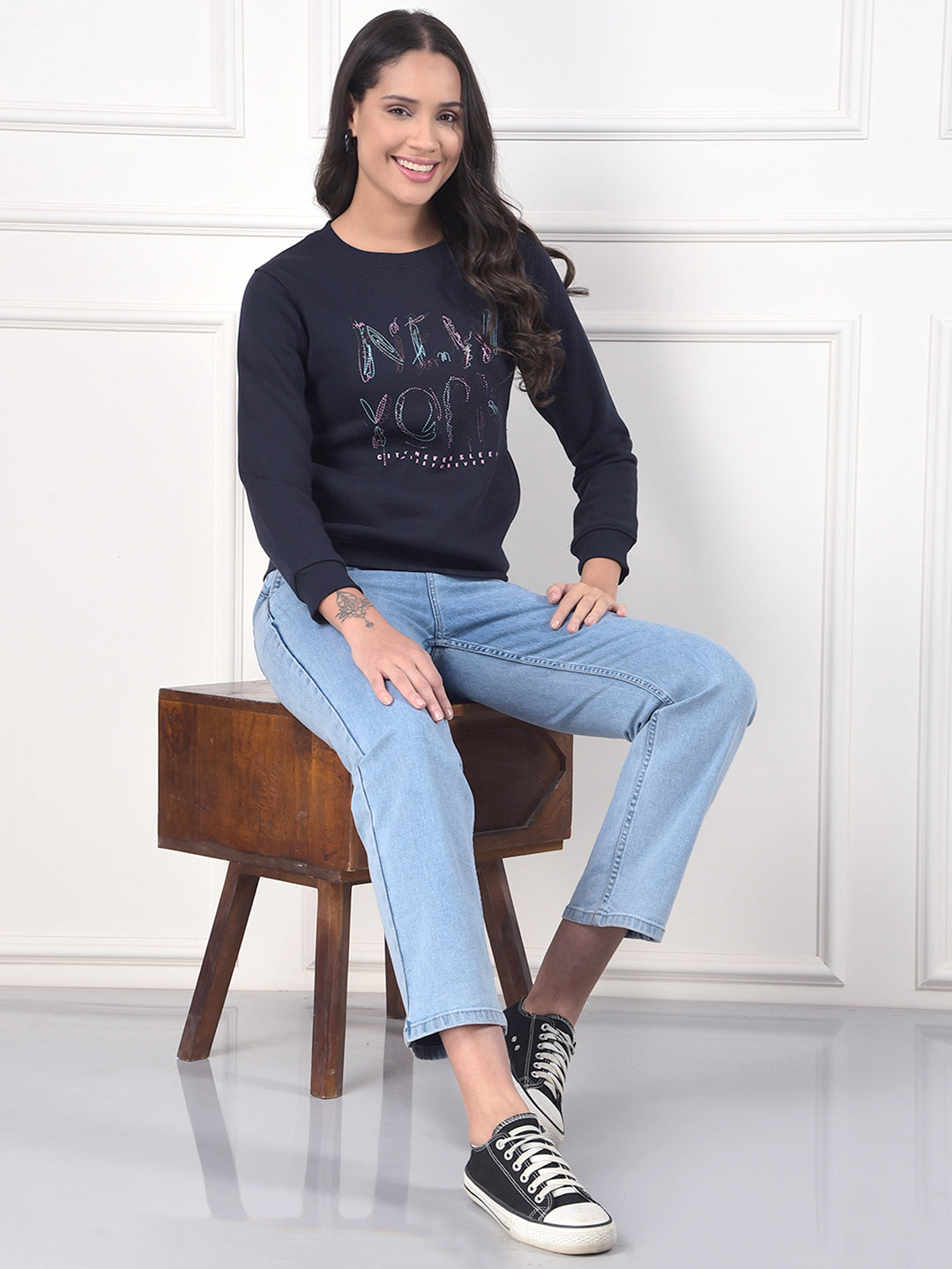 MISS FOREVER NAVY BLUE PRINTED SWEATSHIRT