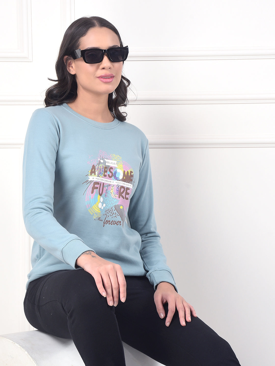 miss forever sea green printed sweatshirt