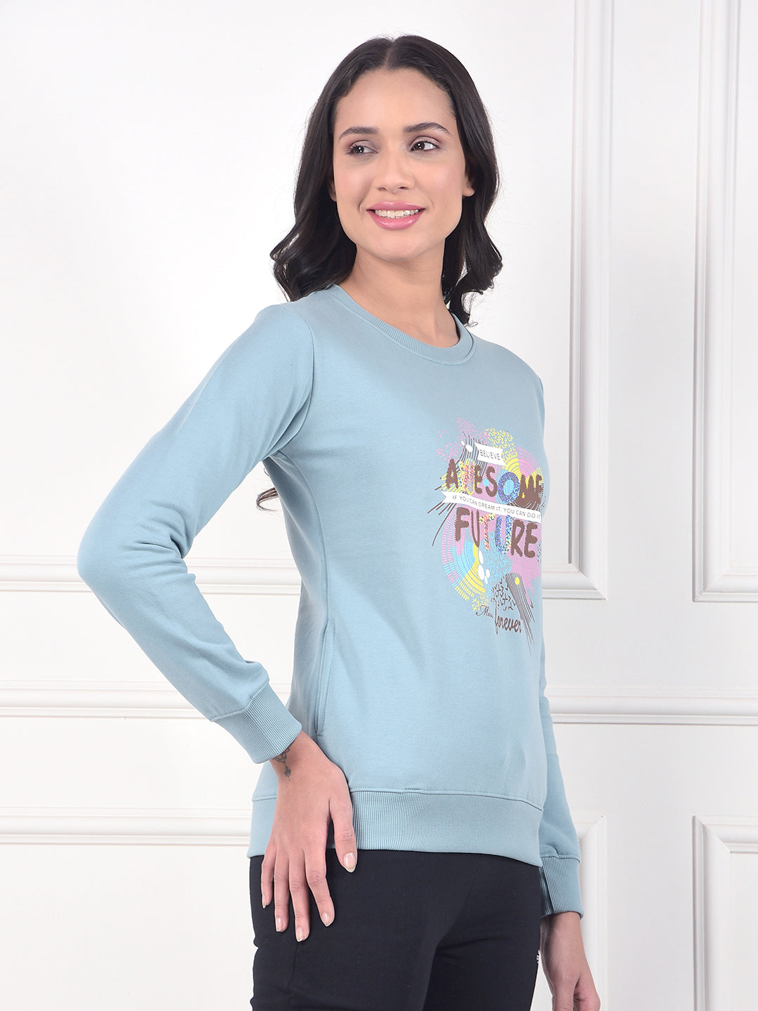 miss forever sea green printed sweatshirt