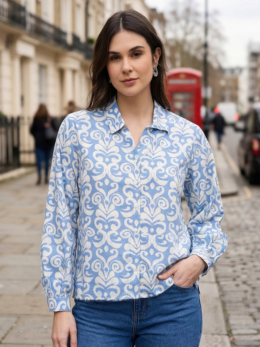 miss forever sky blue printed tunic