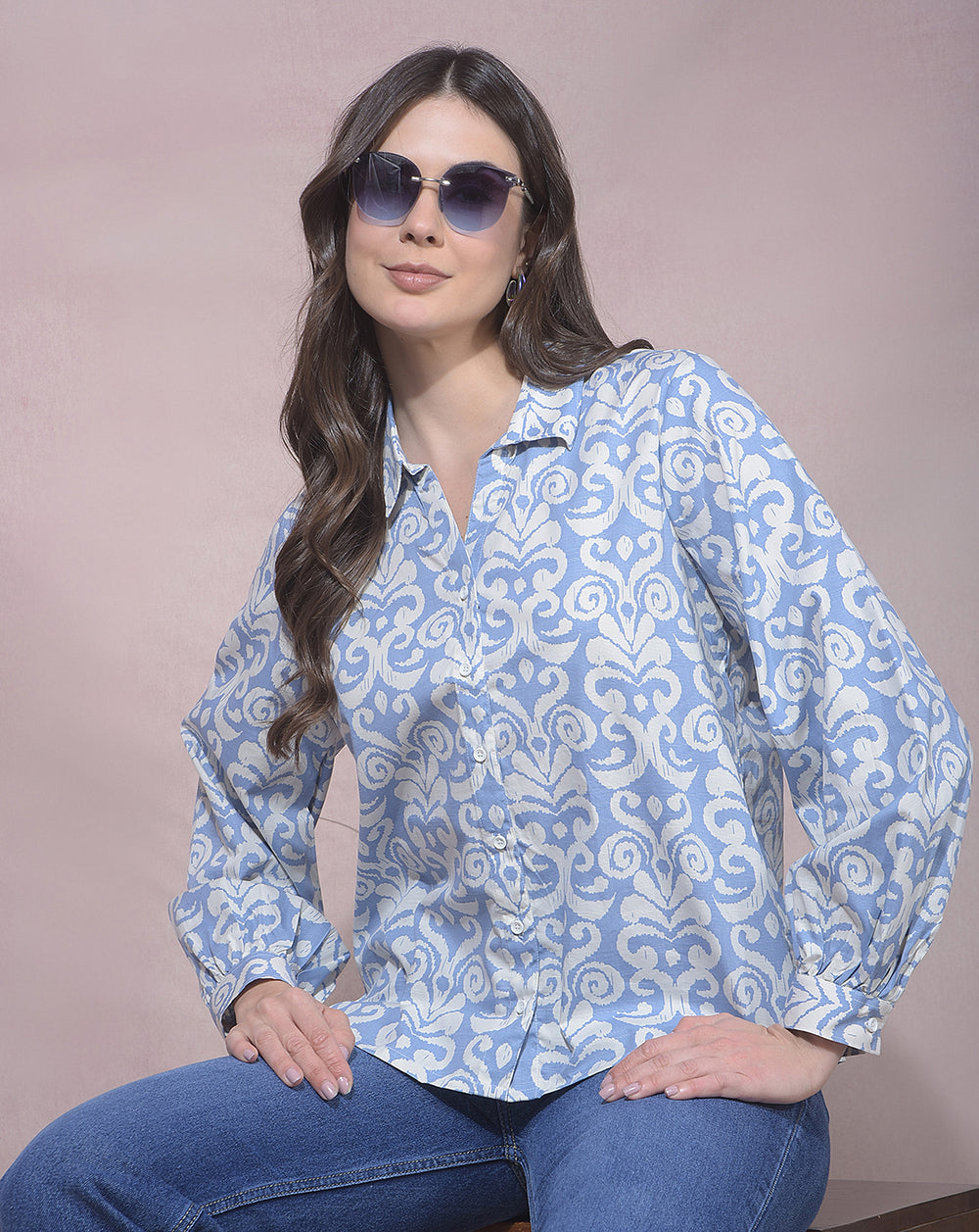 miss forever sky blue printed tunic