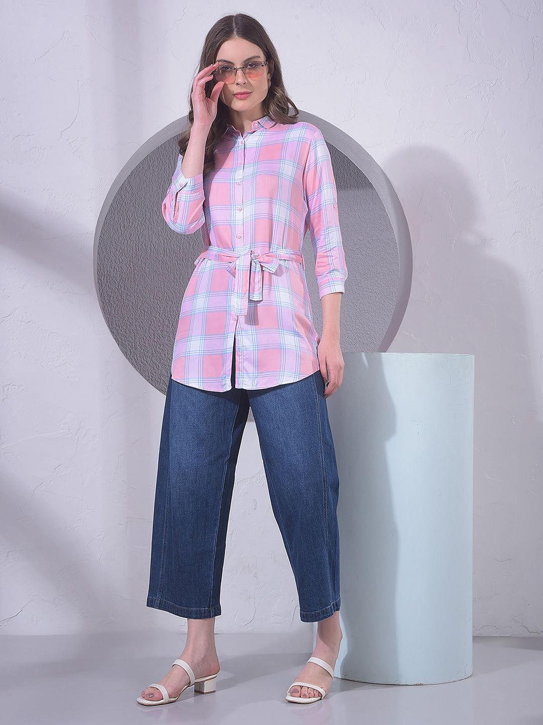 miss forever pink checked tunic