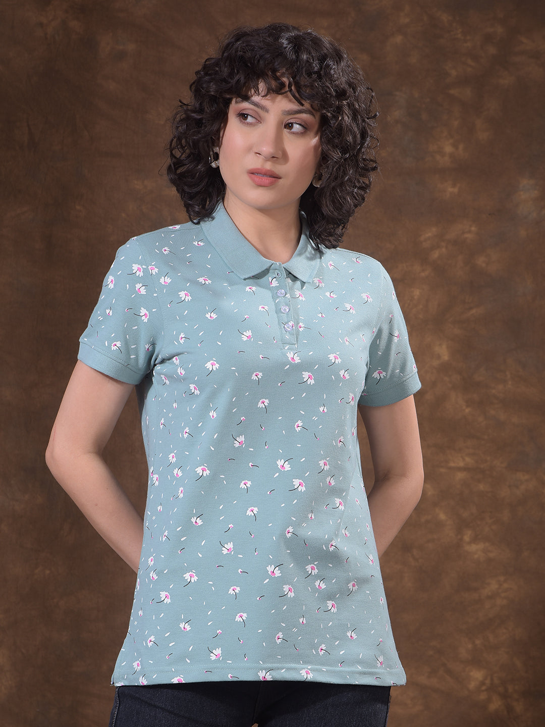 miss forever sea green printed polo neck t-shirt