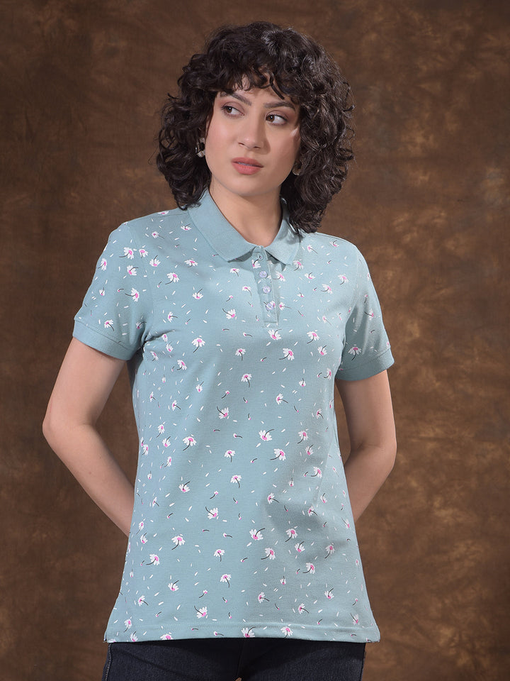 miss forever sea green printed polo neck t-shirt
