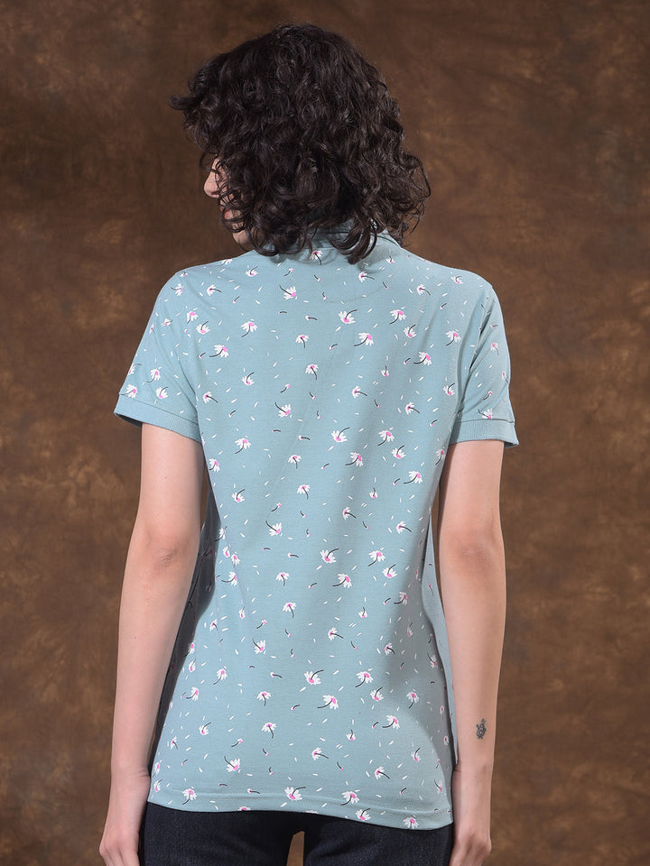 miss forever sea green printed polo neck t-shirt