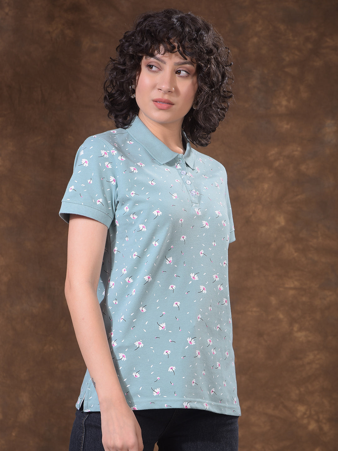 miss forever sea green printed polo neck t-shirt