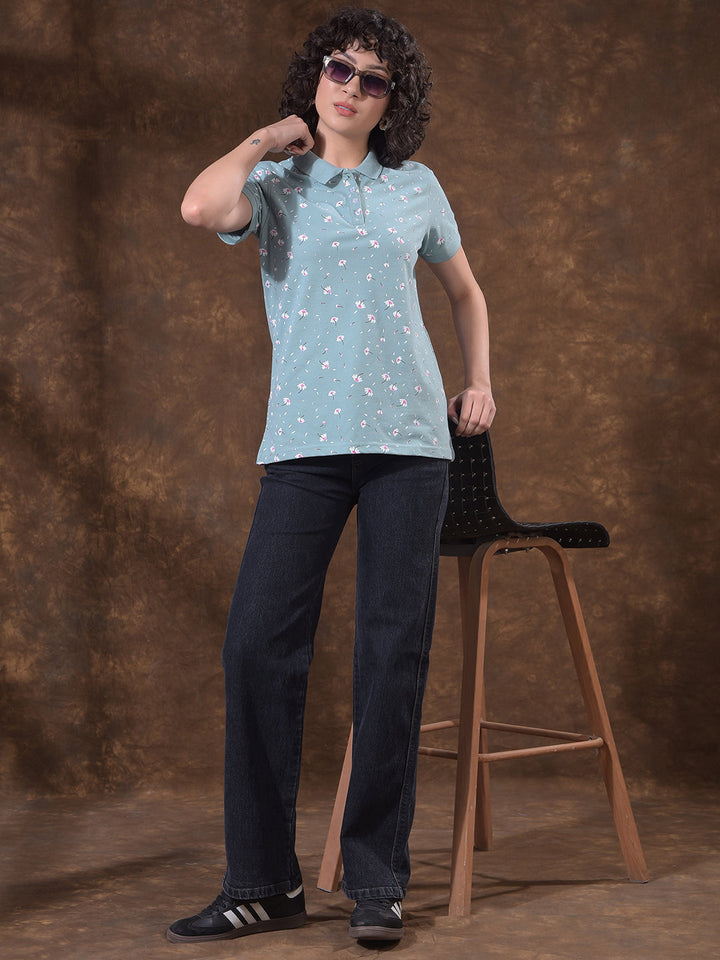 miss forever sea green printed polo neck t-shirt