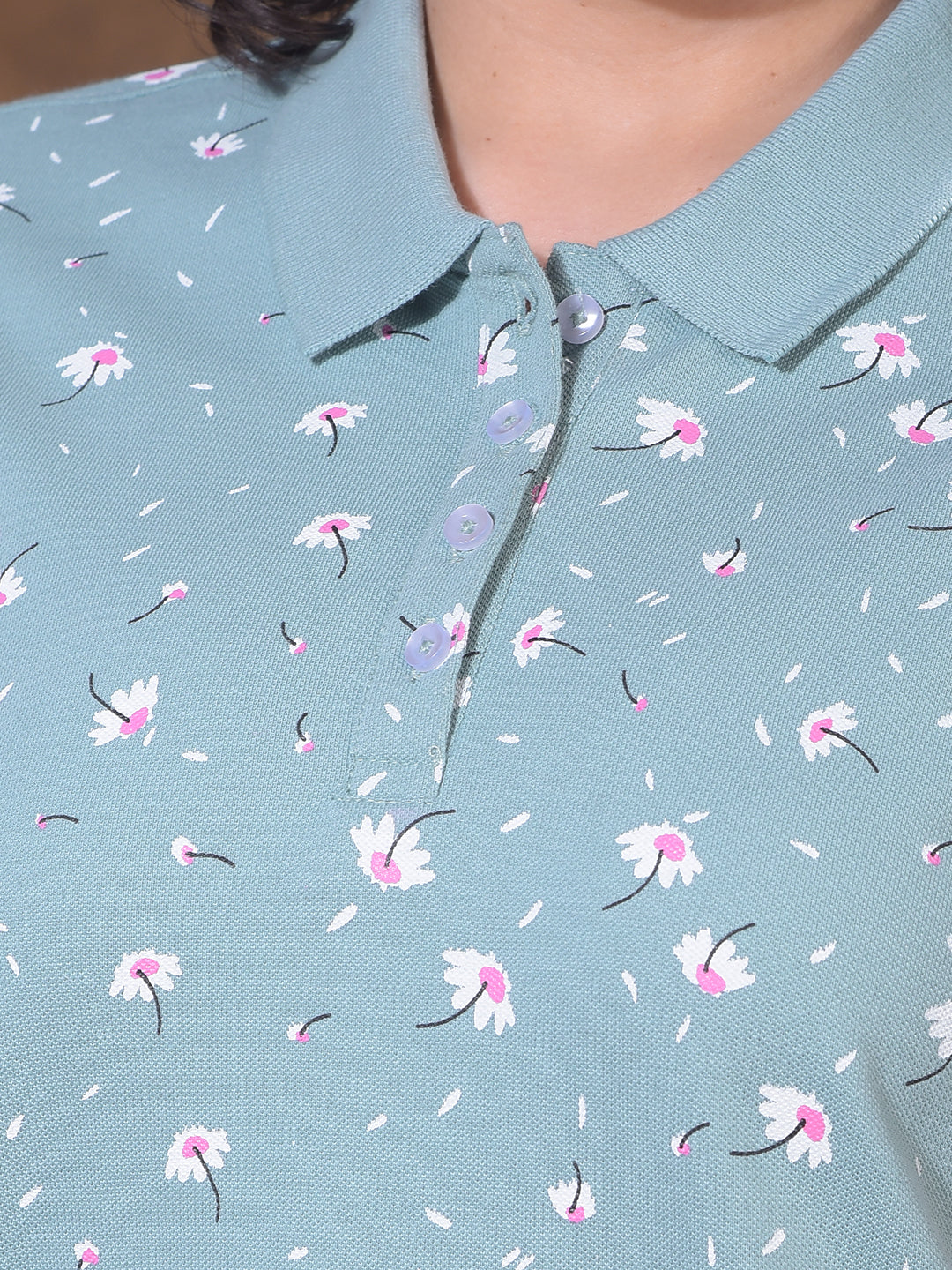 MISS FOREVER SEA GREEN PRINTED POLO NECK T-SHIRT