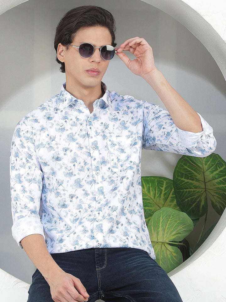 AQUA BLUE PRINTED SLIM-FIT CASUAL SHIRT