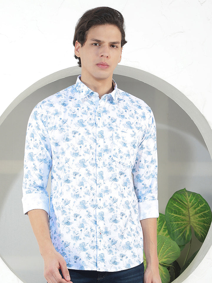 AQUA BLUE PRINTED SLIM-FIT CASUAL SHIRT