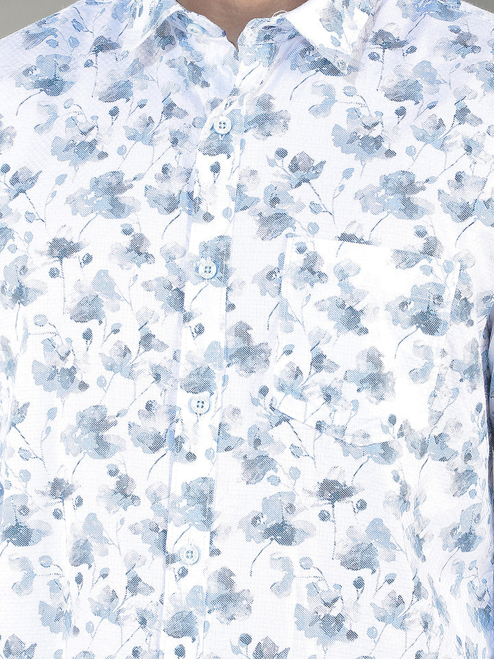 AQUA BLUE PRINTED SLIM-FIT CASUAL SHIRT