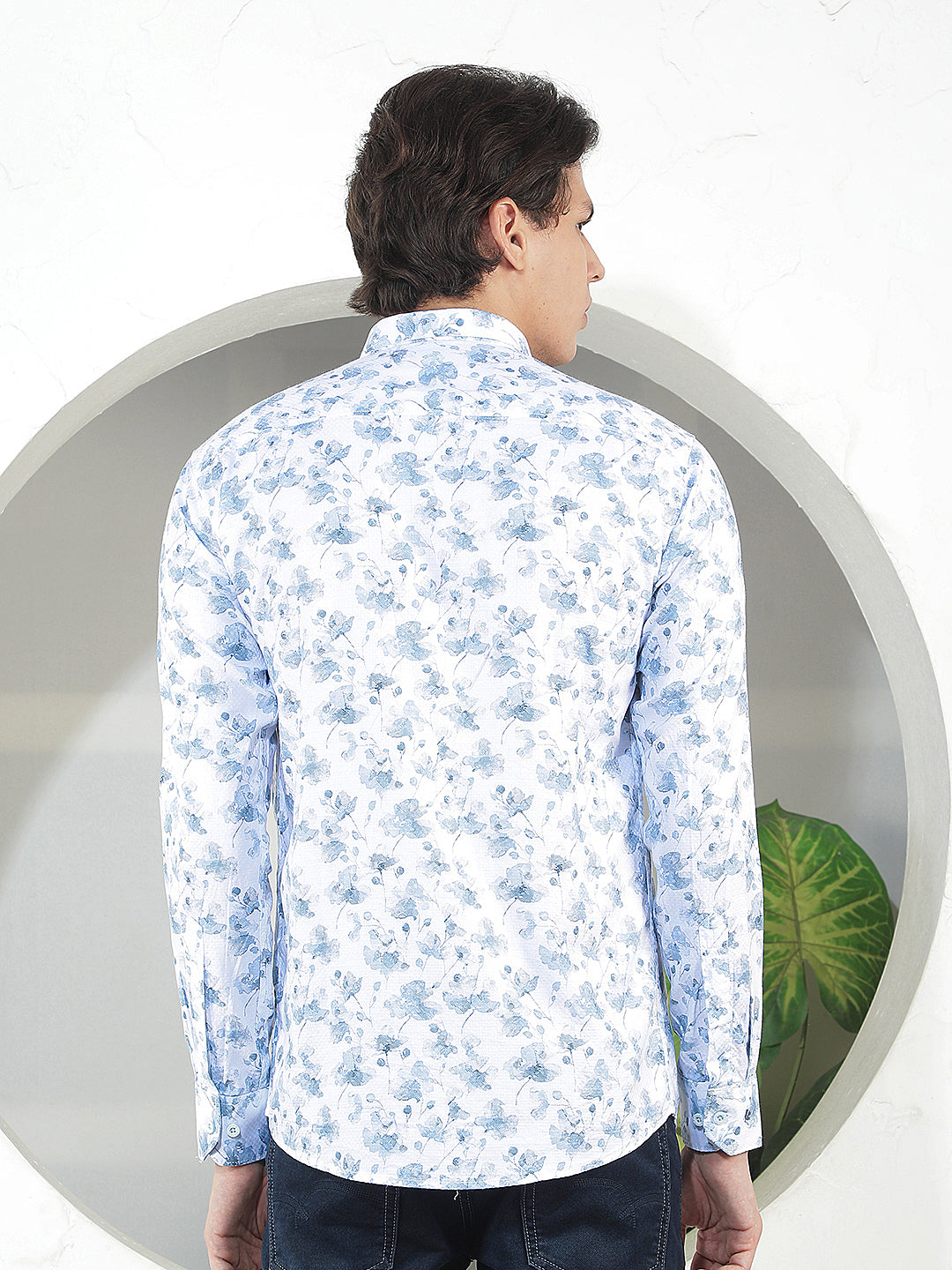 AQUA BLUE PRINTED SLIM-FIT CASUAL SHIRT