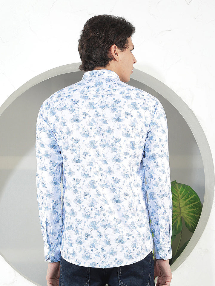 AQUA BLUE PRINTED SLIM-FIT CASUAL SHIRT