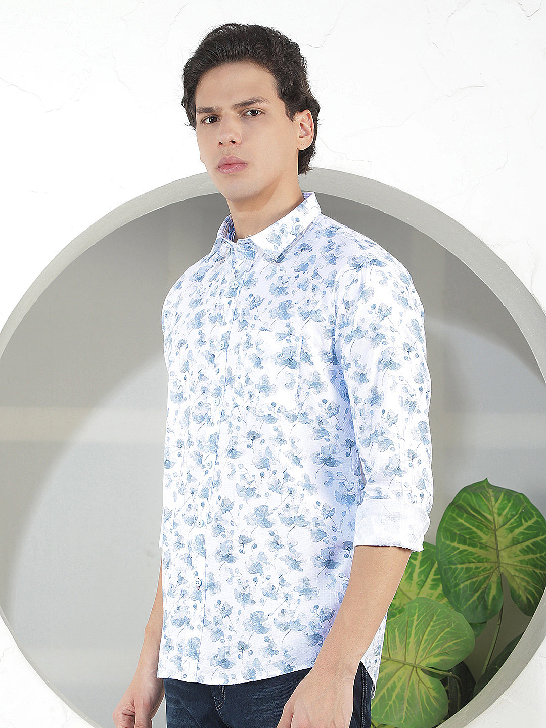AQUA BLUE PRINTED SLIM-FIT CASUAL SHIRT