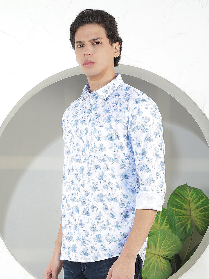 AQUA BLUE PRINTED SLIM-FIT CASUAL SHIRT