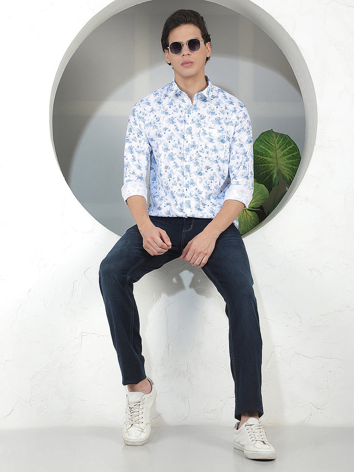 AQUA BLUE PRINTED SLIM-FIT CASUAL SHIRT