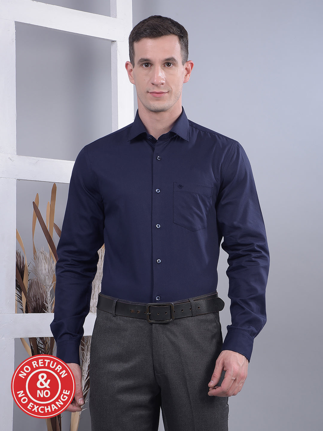 COBB NAVY BLUE SELF-DESIGN SLIM-FIT FORMAL SHIRT