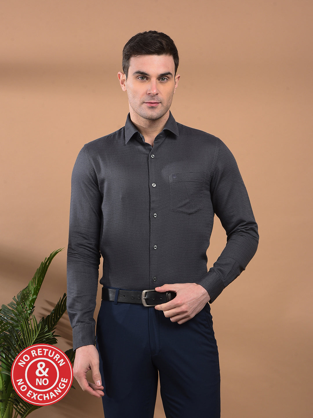 COBB DARK GREY SELF-DESIGN SLIM-FIT FORMAL SHIRT