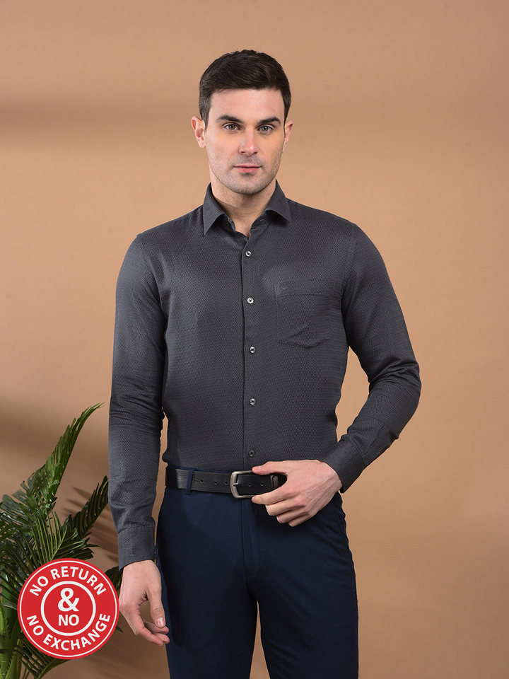 COBB DARK GREY SELF-DESIGN SLIM-FIT FORMAL SHIRT
