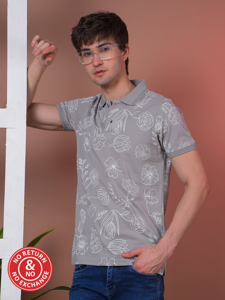 COBB GREY PRINTED POLO NECK T-SHIRT