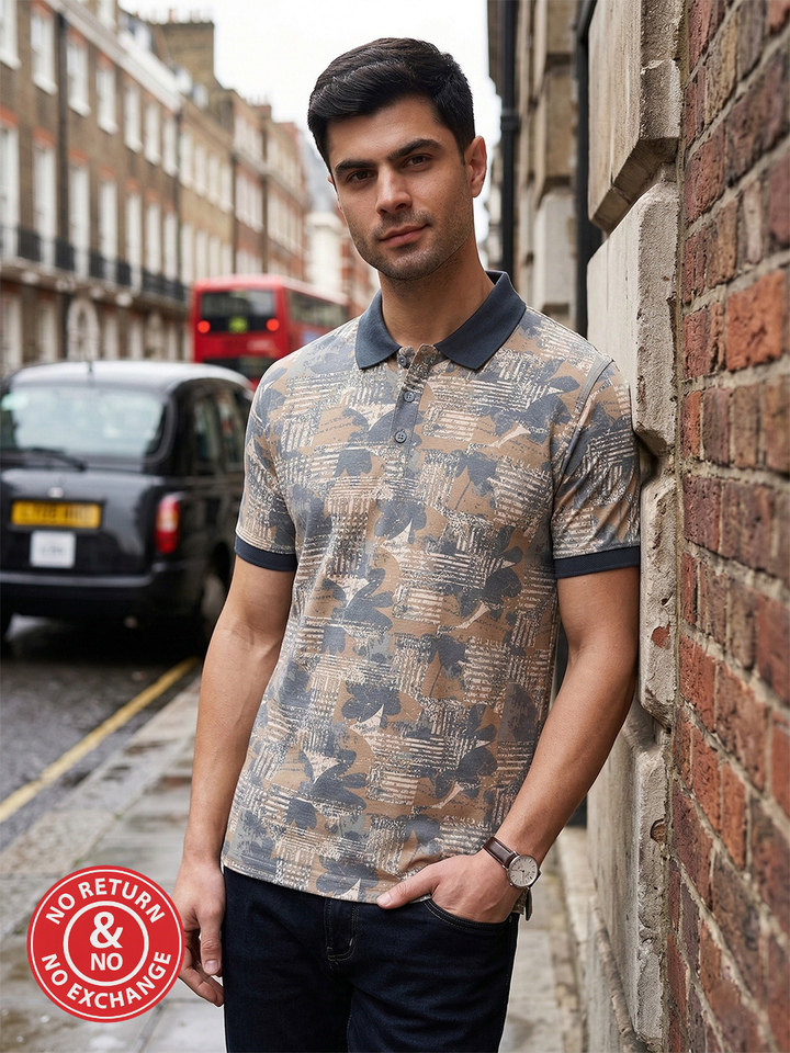 COBB BEIGE PRINTED POLO NECK T-SHIRT