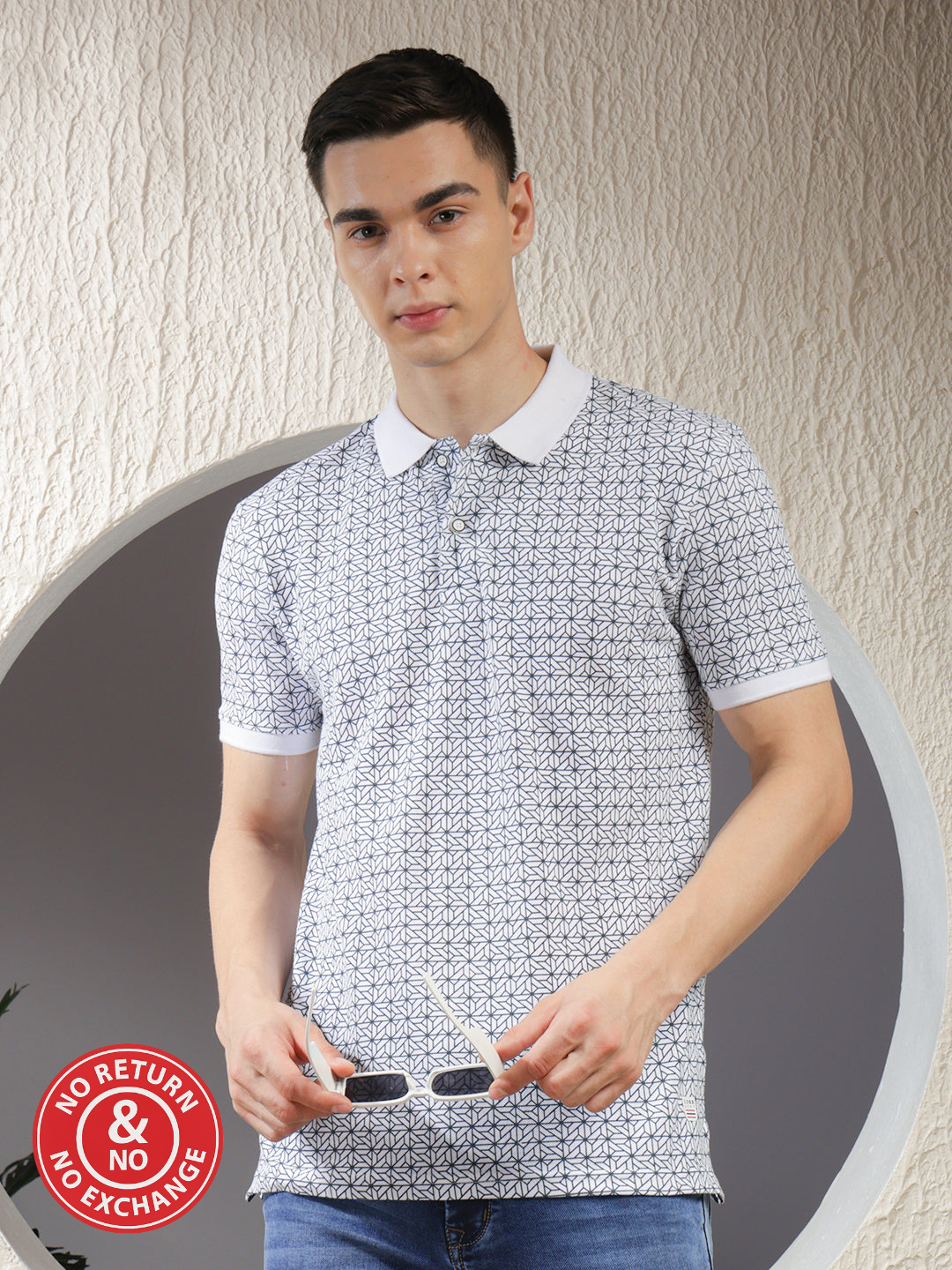 COBB WHITE PRINTED POLO NECK T-SHIRT
