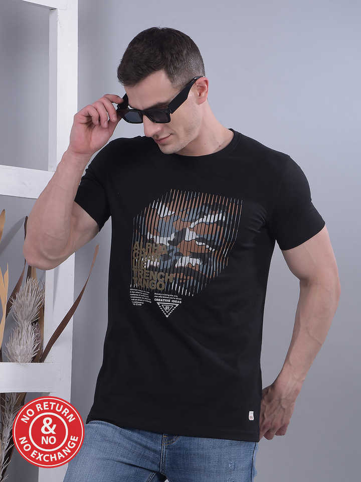 COBB BLACK PRINTED ROUND NECK T-SHIRT