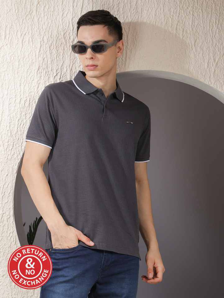 COBB DARK GREY STRIPED POLO NECK T-SHIRT