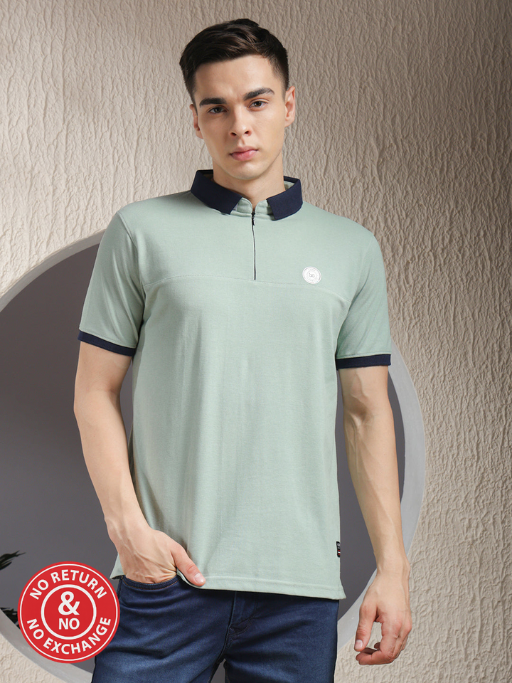 COBB SOLID DUSTY MINT POLO NECK ZIPPER T-SHIRT
