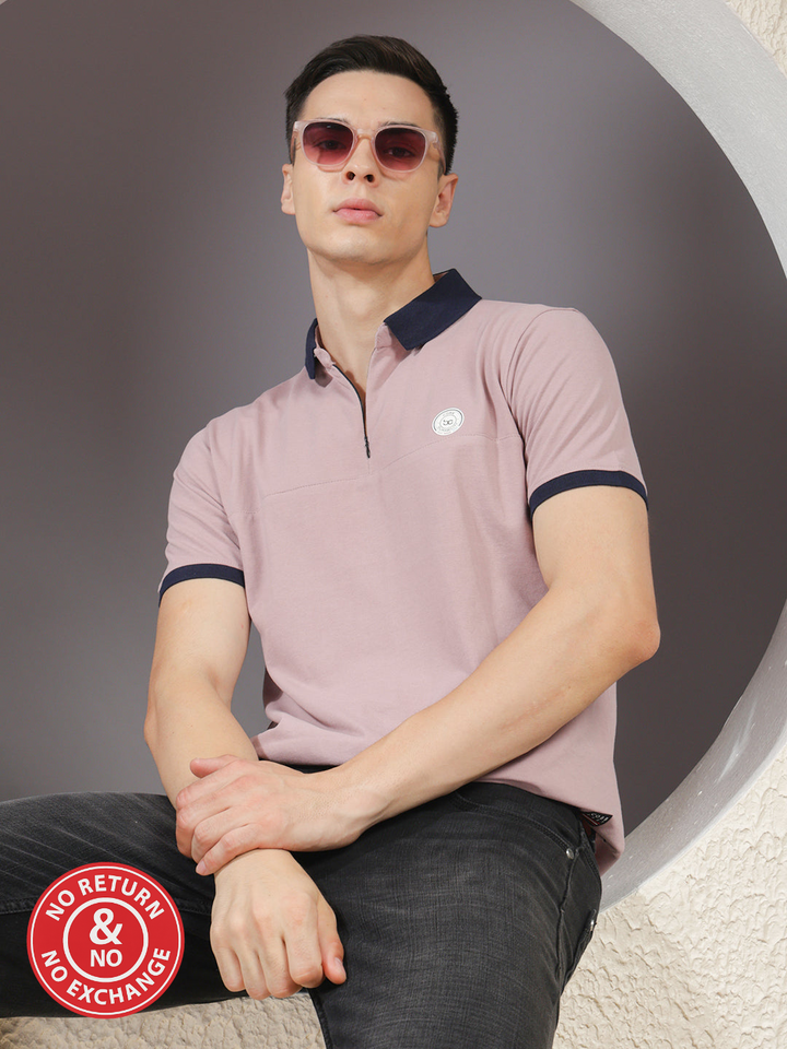 COBB SOLID LIGHT MAUVE POLO NECK ZIPPER T-SHIRT