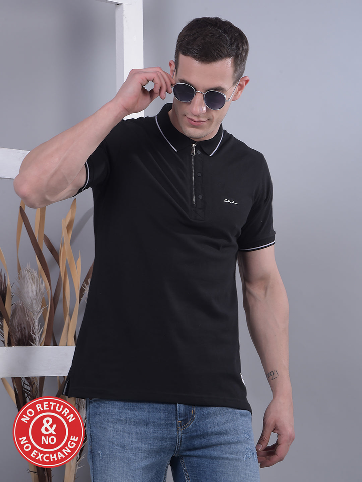 COBB SOLID BLACK POLO NECK ZIPPER T-SHIRT